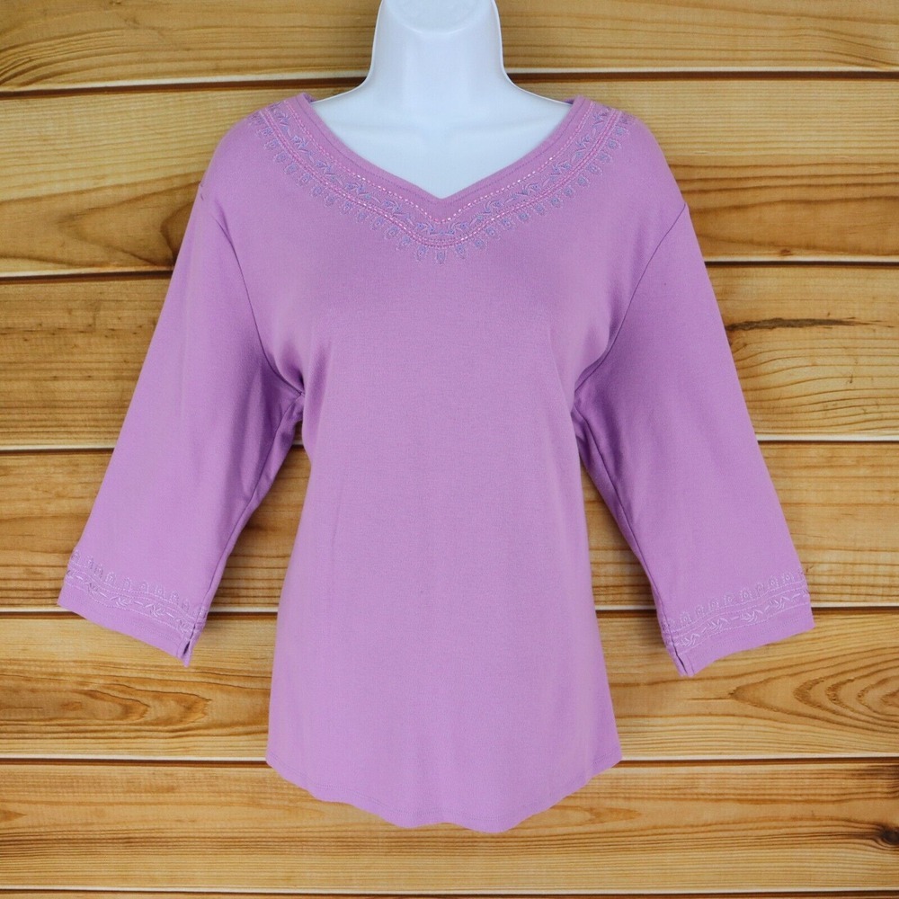 Denim & Co. Blouse Womens L‎ Purple SOFT Cotton Embroidered Neckline 3/4 Sleeve